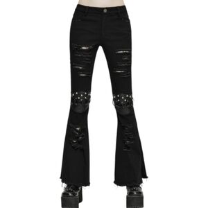 DEVIL FASHION black goth distressed punk flare bell bottom jeans‎ M